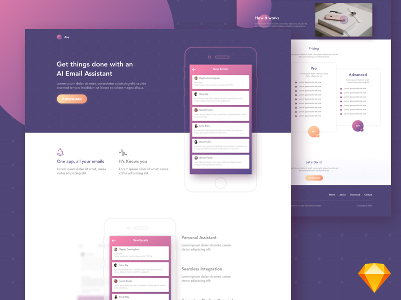 aie free app landing page template freebie download sketch